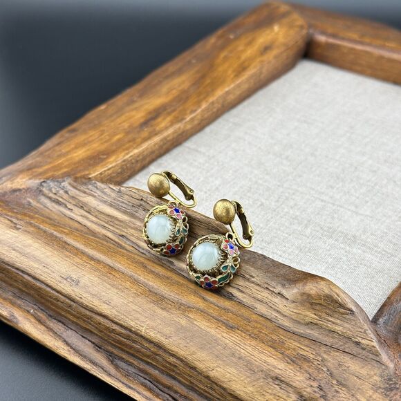 Vintage Clip-on Earrings Vermeil Gold Over Silver Cloisonne White Nephrite Jade - Picture 11 of 12